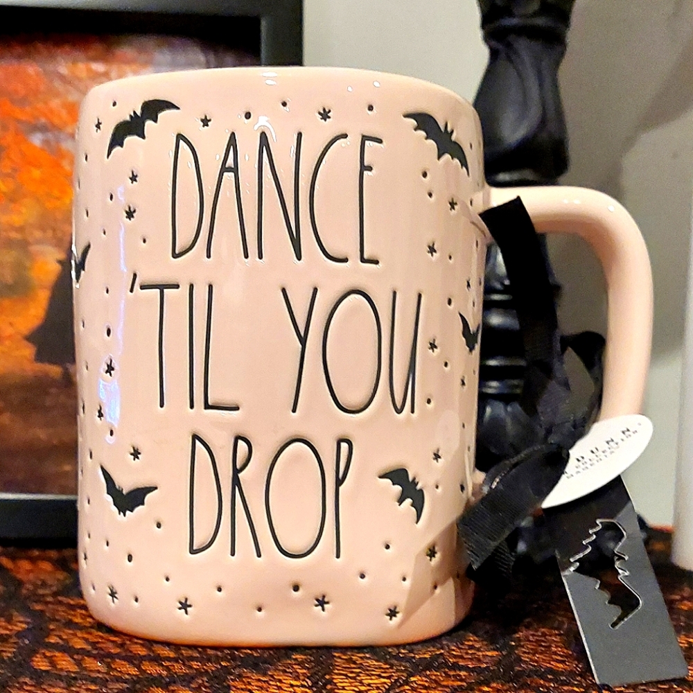 🎉HP🎉 Rae Dunn "Dance 'Til You Drop" Skeleton & Bats Baby Pink Glossy Mug NWT - Picture 2 of 8